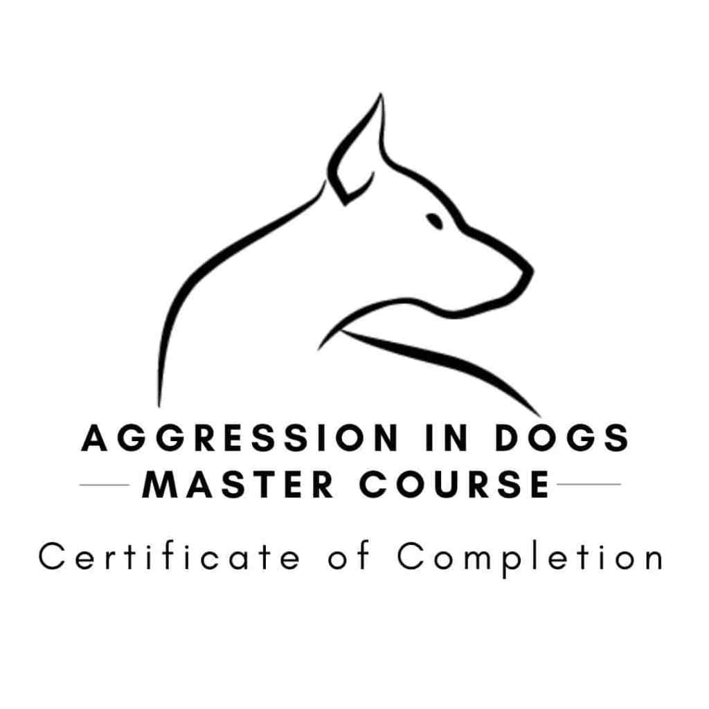 Logo for 'Aggression in Dogs Master Course' featuring a dog silhouette, labeled 'Certificate of Completion'.